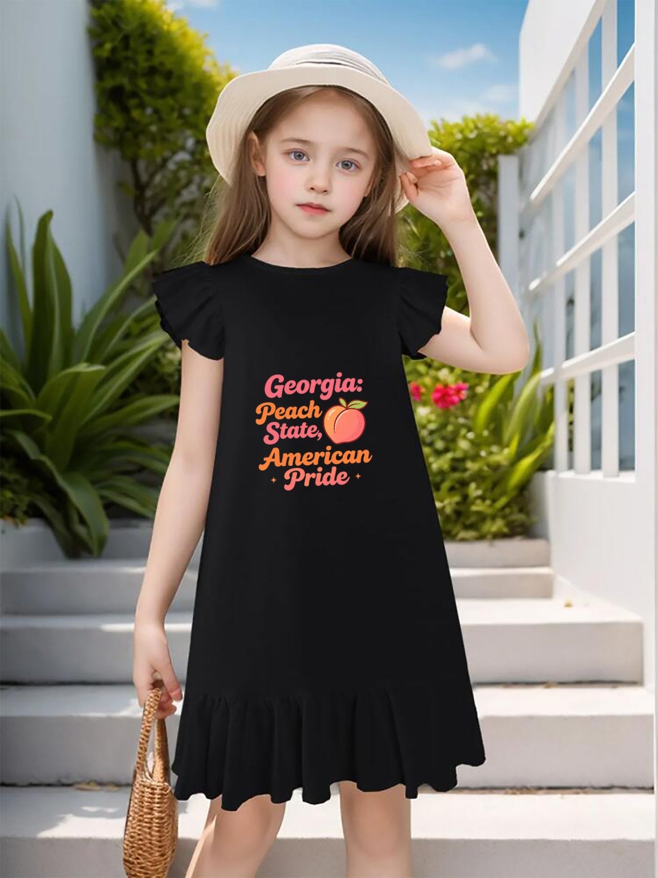 USA 250th. State Pride Graphic Flutter Sleeve Dress, Soft Cotton Outfit for Girls Daily & Party