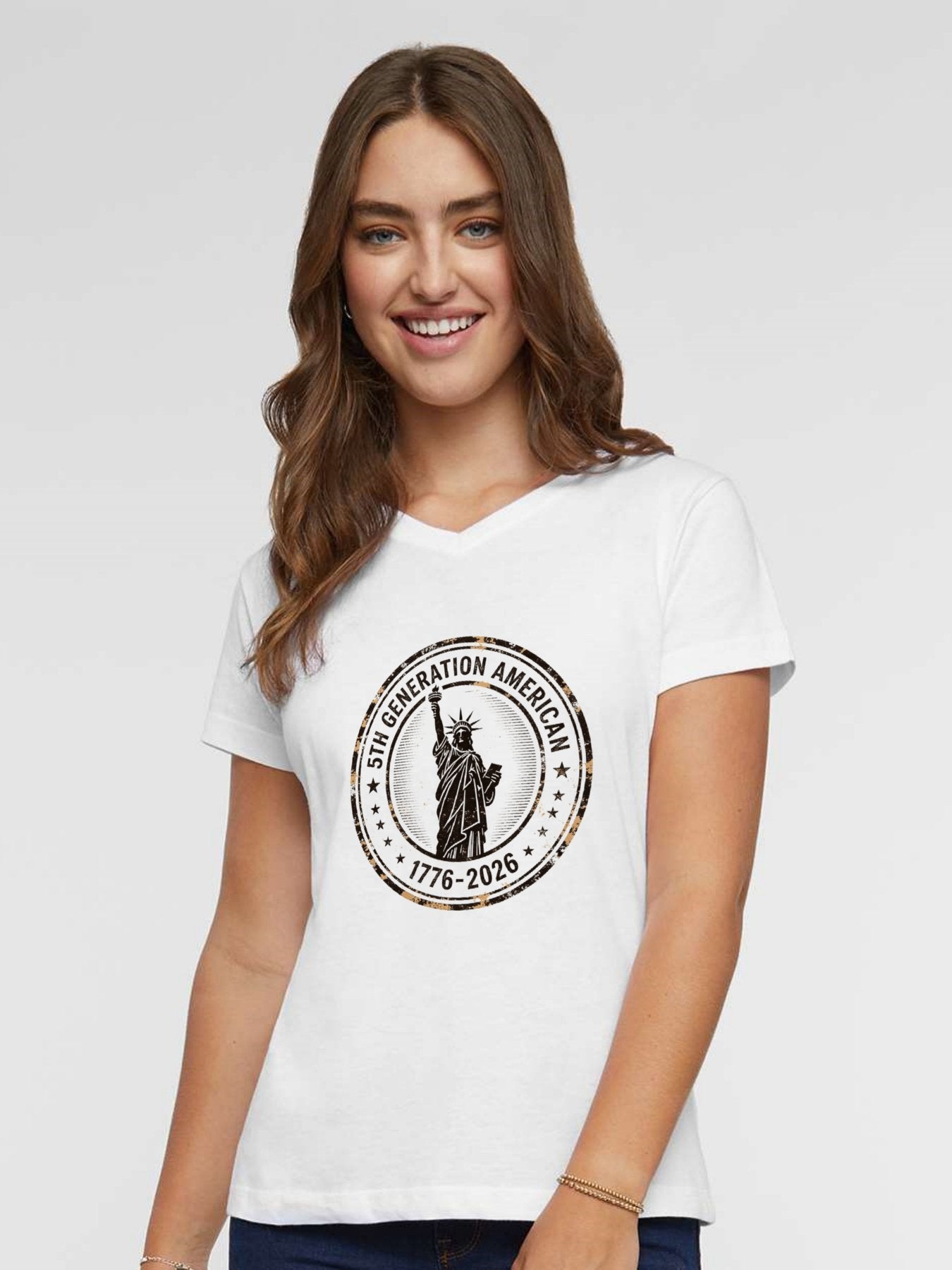 Pure Cotton V-neck Women's USA 250th. Family Legacy "5th. Generation " Graphic T-Shirt, USA Casual Cotton Tee